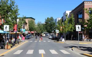 Pedestrian crosswalk on Commercial Street in downtown Nanaimo, B.C. (photo by WestCoastDriverTraining.com)