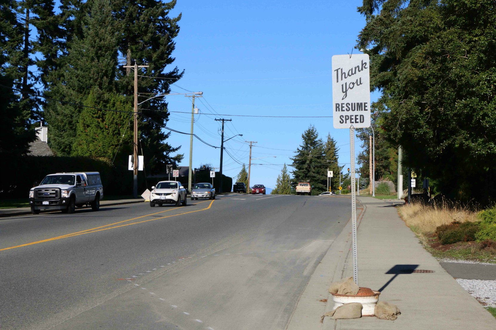 Signs like this one saying "Thank You. Resume Speed" are used to mark the end of speed restrictions in Highway Construction Zones in B.C. (photo by WestCoastDriverTraining.com)