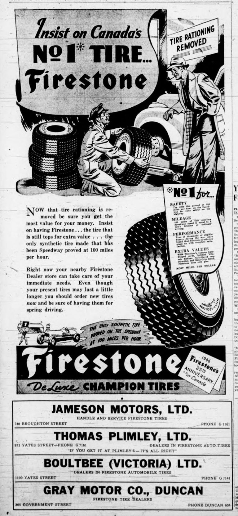 A 1946 Victoria newspaper advertisement for Firestone tires. Note the "Tire Rationing Removed" in the upper right corner; tires had been rationed during World War II.