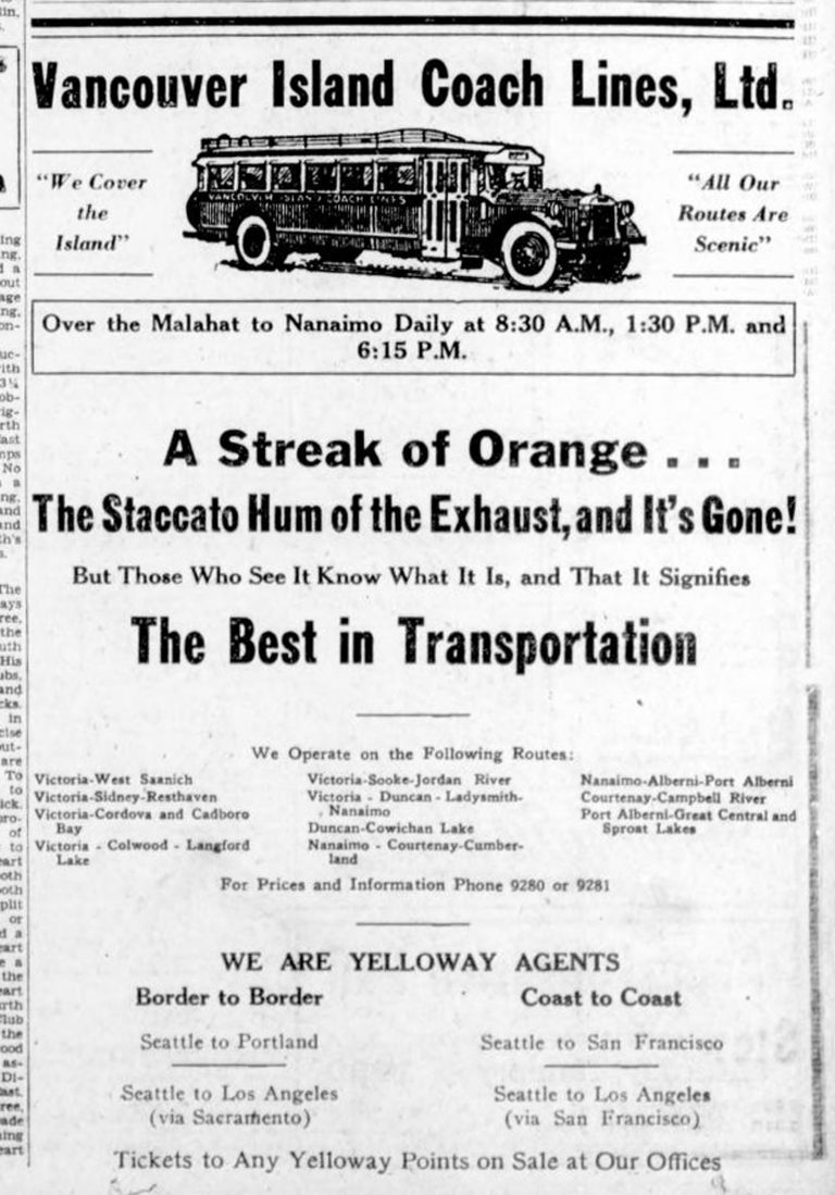 Vancouver Island Coach Lines advertisement, 1930