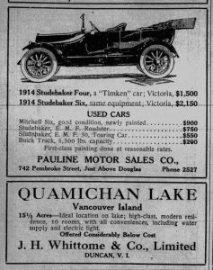 1914 Daily Colonist advertisement for Pauline Motor Sales, selling Studebaker cars.