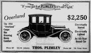 Thomas Plimley was a long established Victoria car dealer. Here is a 1914 Thomas Plimley advertisement for the 1914 Overland Coupe.