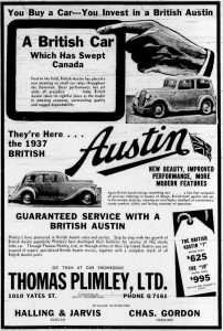 1937 advertisement for Austin. from Thomas Plimley Ltd., 1010 Yates Street, Victoria, B.C. (West Coast Driver Training & Education collection)