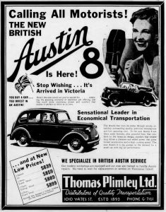 1939 advertisement for Austin. from Thomas Plimley Ltd., 1010 Yates Street, Victoria, B.C. (West Coast Driver Training & Education collection)