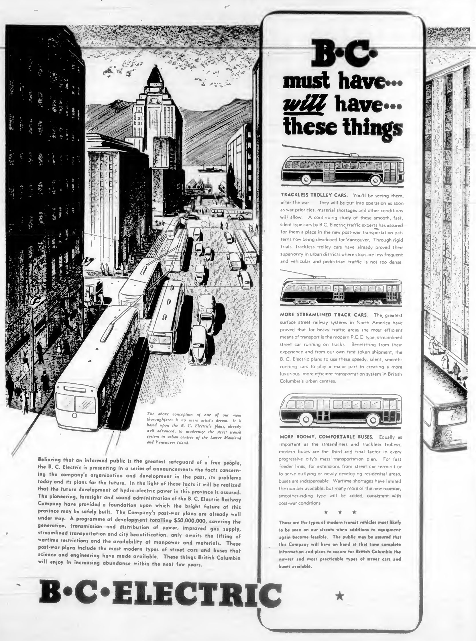 1944 advertisement from B.C. Electric (the forerunner to BC Hydro and BC Transit) showing the buses and streetcars the company was planning to introduce in B.C. cities. (West Coast Driver Training collection)