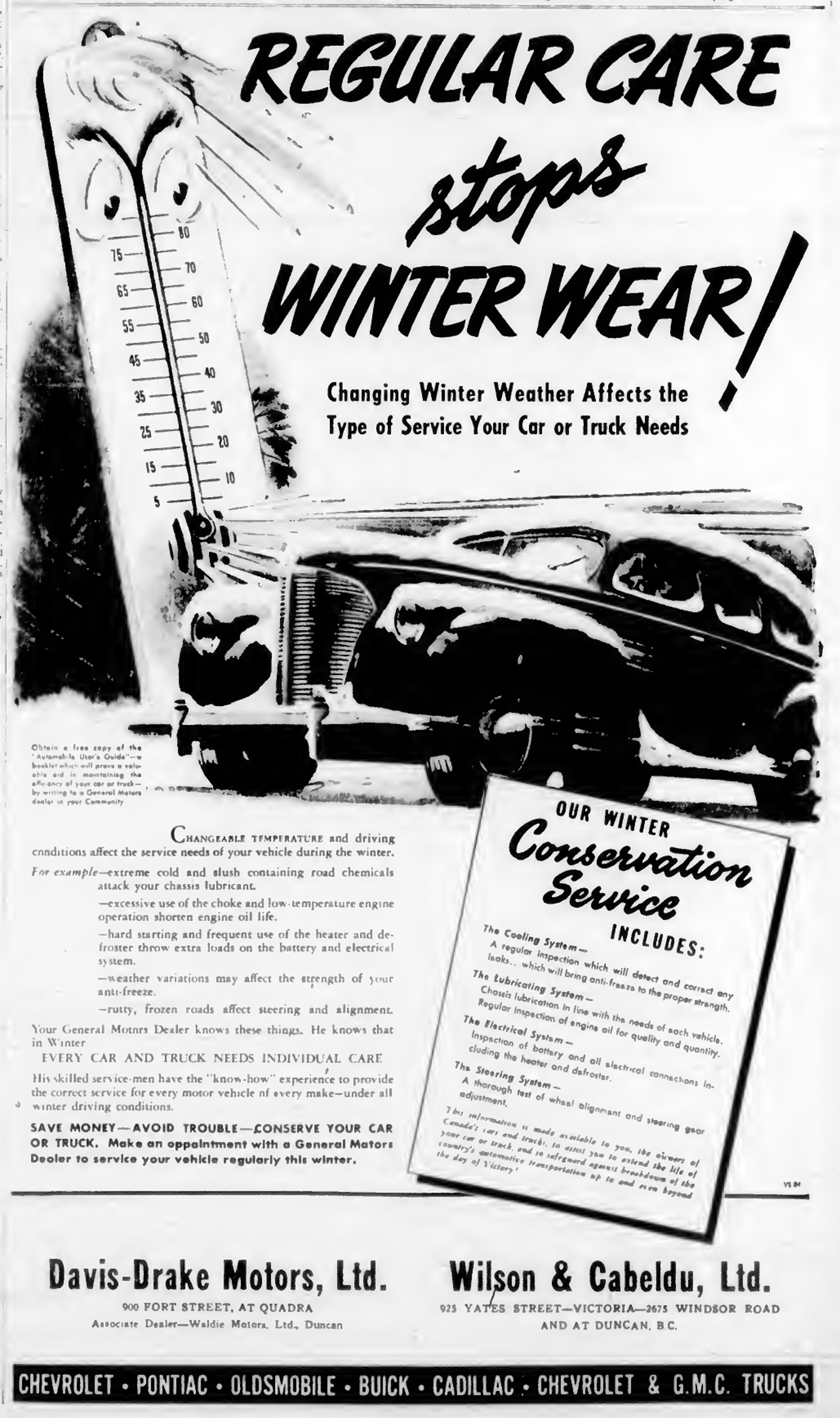 1944 advertisement about winter maintenance from Davis-Drake Motors and Wilson & Cabeldu, which were General Motors dealers in Victoria and Duncan. (West Coast Driver Training collection)