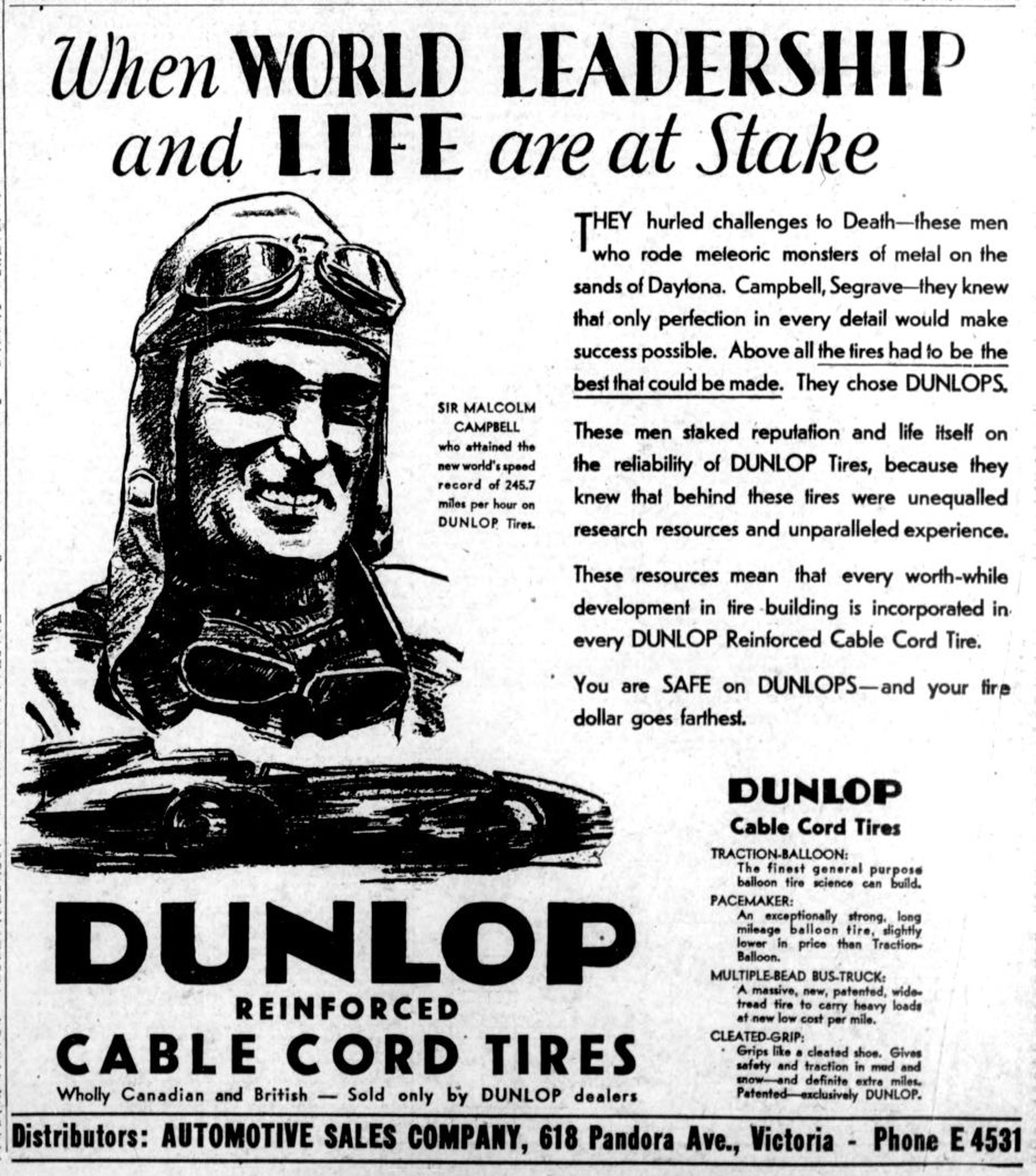 1931 advertisement for Dunlop Tires, featuring British racing driver Sir Malcolm Campbell (West Coast Driver Training collection)