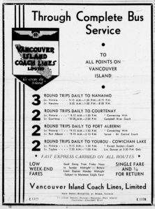 1935 advertisement for Vancouver Island Coach Lines showing schedules to up-Island points from Victoria. (West Coast Driver Training collection)