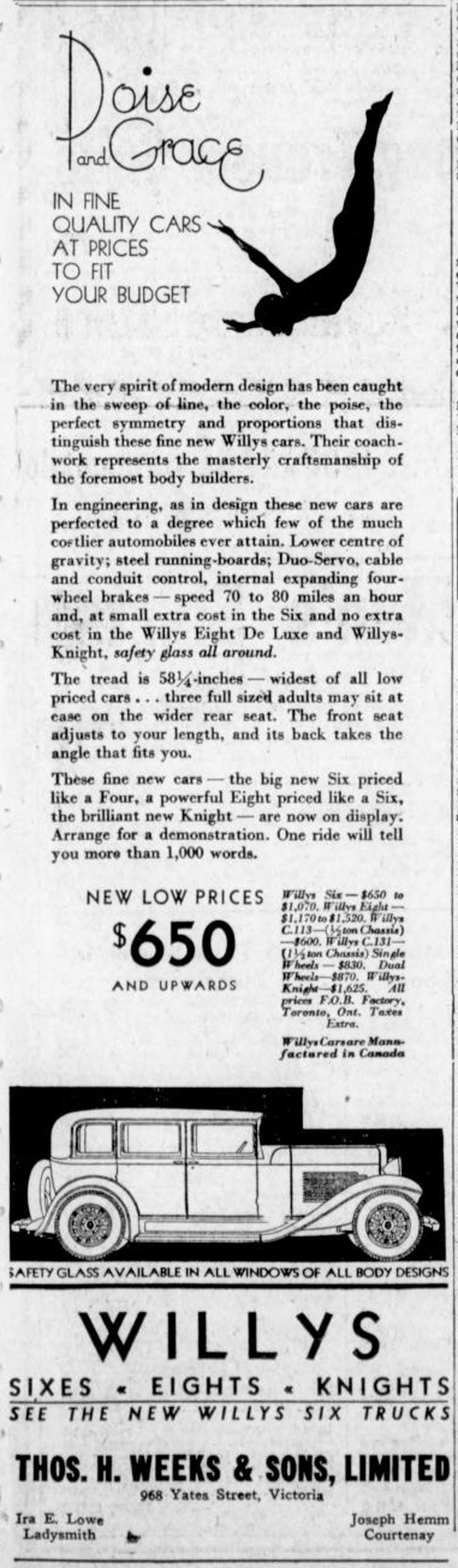 1931 advertisement for Willys cars and trucks by the Victoria Willys dealer, Thomas H. Weeks & Sons Ltd., 968 Yates Street (West Coast Driver Training collection)