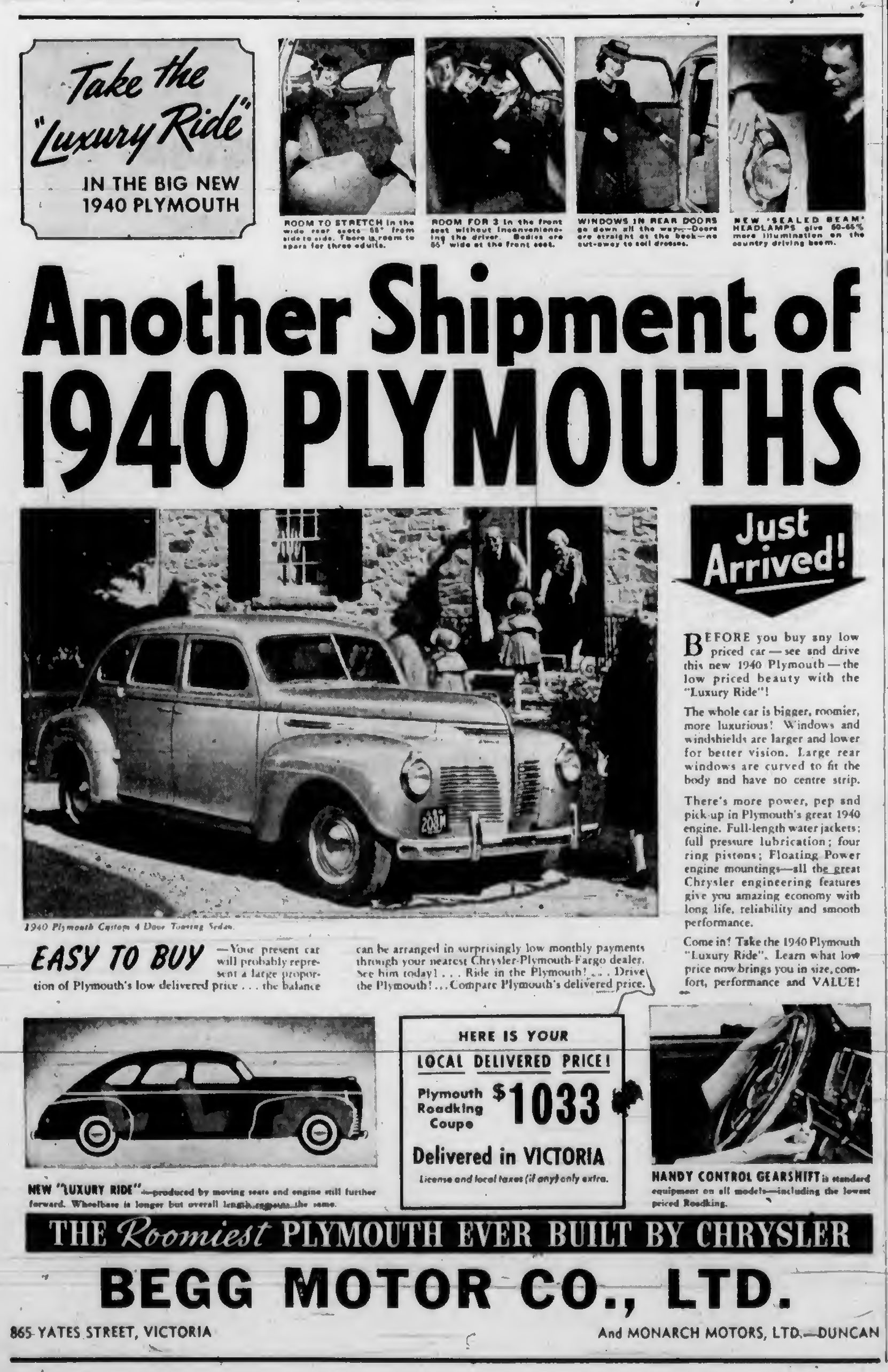 1940 advertisement for Plymouth, sold by Begg Motor Company, 865 Yates Street, Victoria and on Government Street in Duncan.