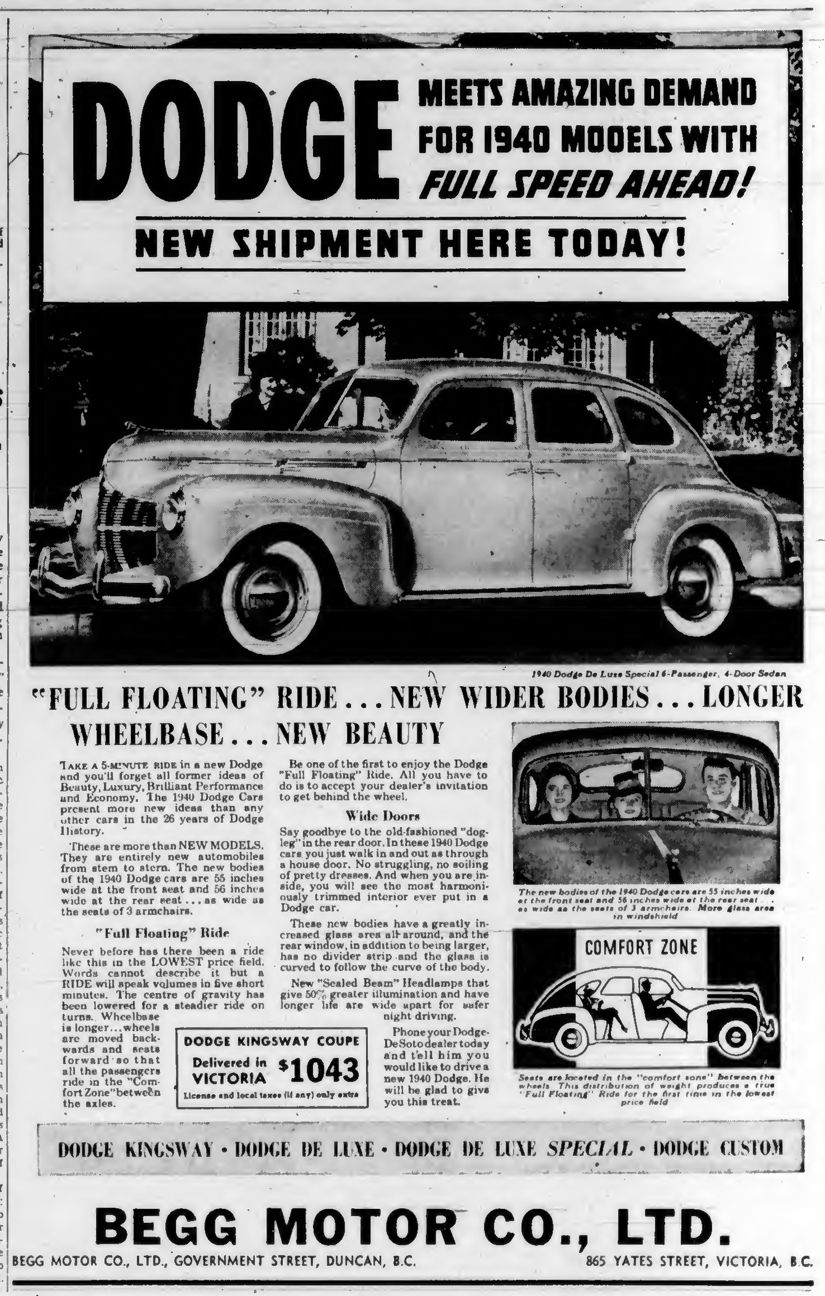 1940 advertisement for Dodge, sold by Begg Motor Company, 865 Yates Street, Victoria and on Government Street in Duncan.