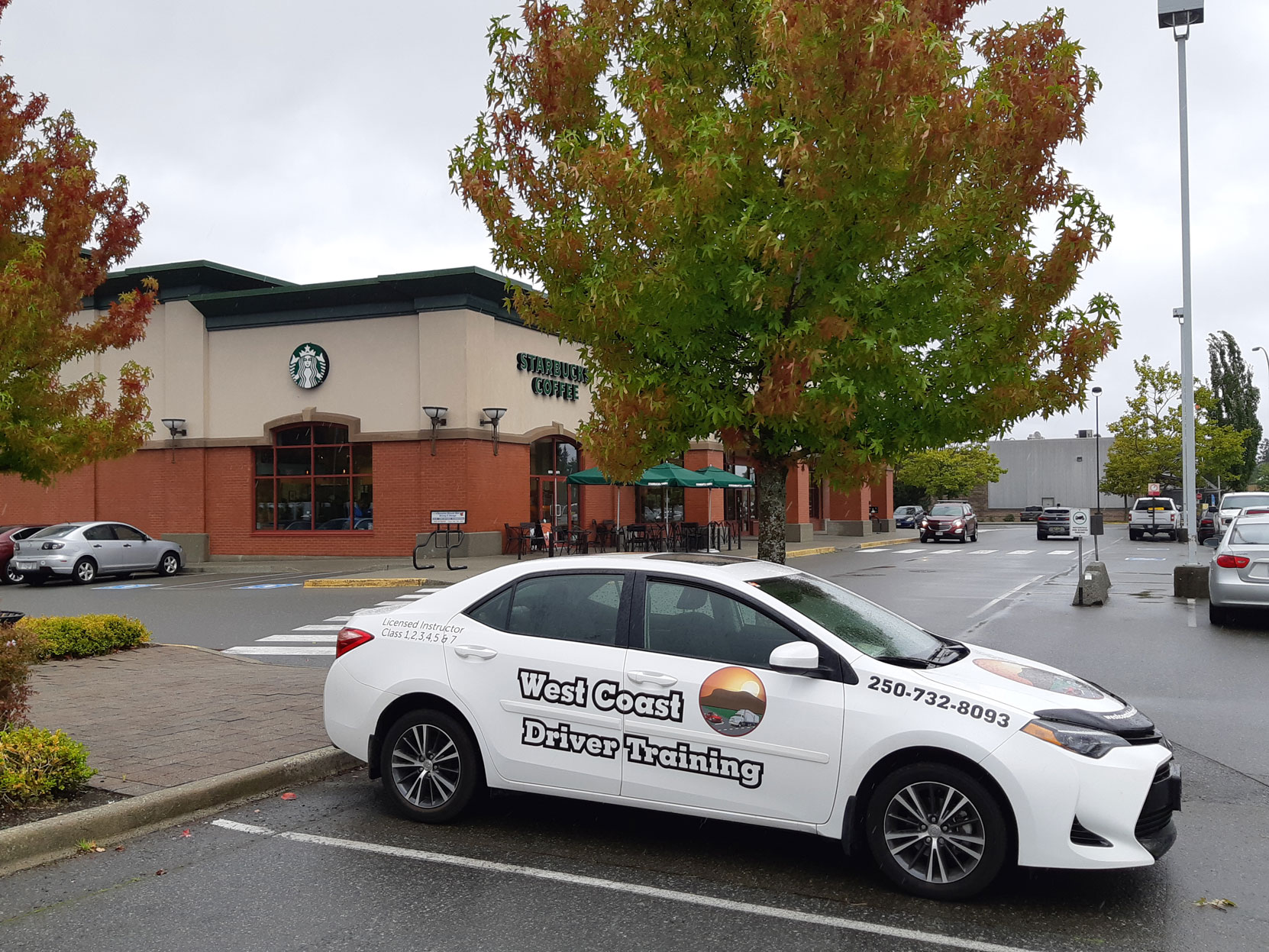 Our 2018 Toyota Corolla parked outside the Starbucks / Chapters, Woodgrove Centre, Nanaimo, B.C. (photo: West Coast Driver Training & Education Inc.)