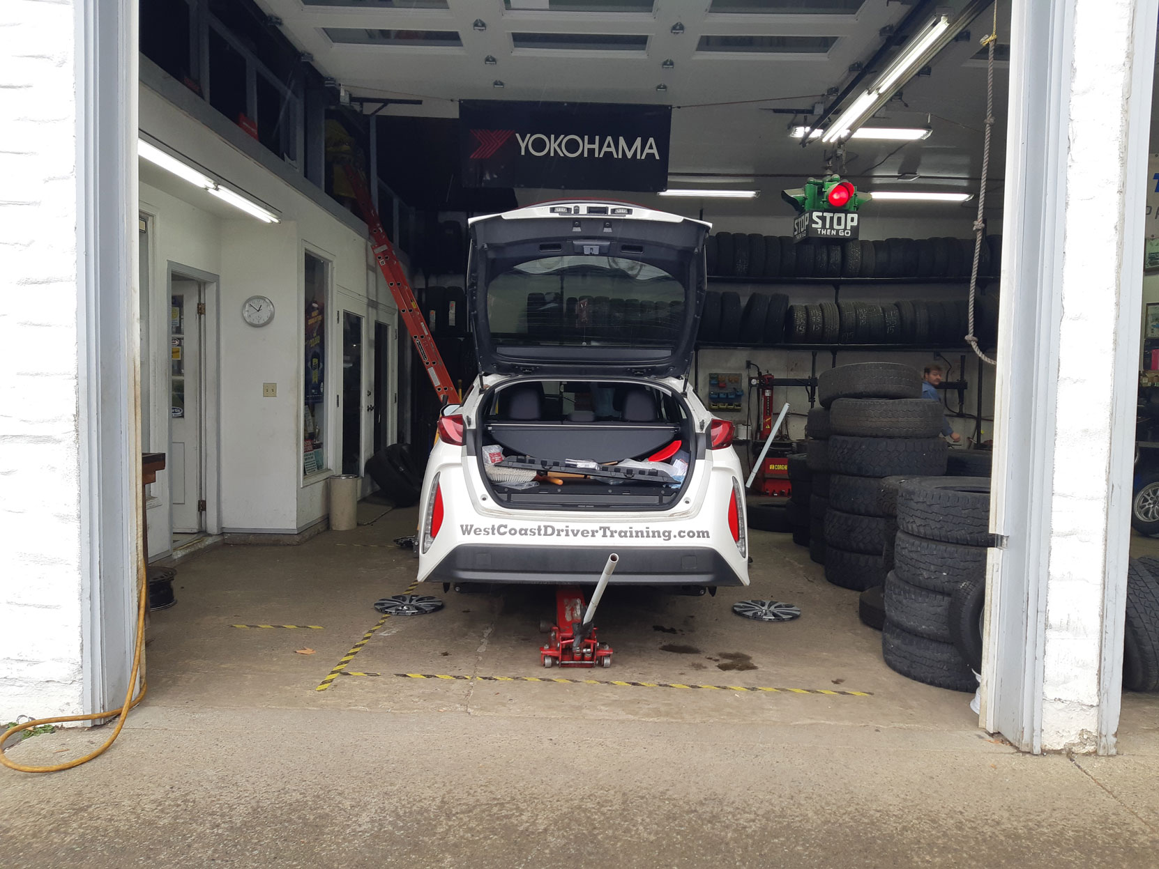 Our 2020 Prius Prime having a new set of Michelin winter tires put on at Joe's Tire Hospital in Duncan, October 2020 (photo: West Coast Driver Training)