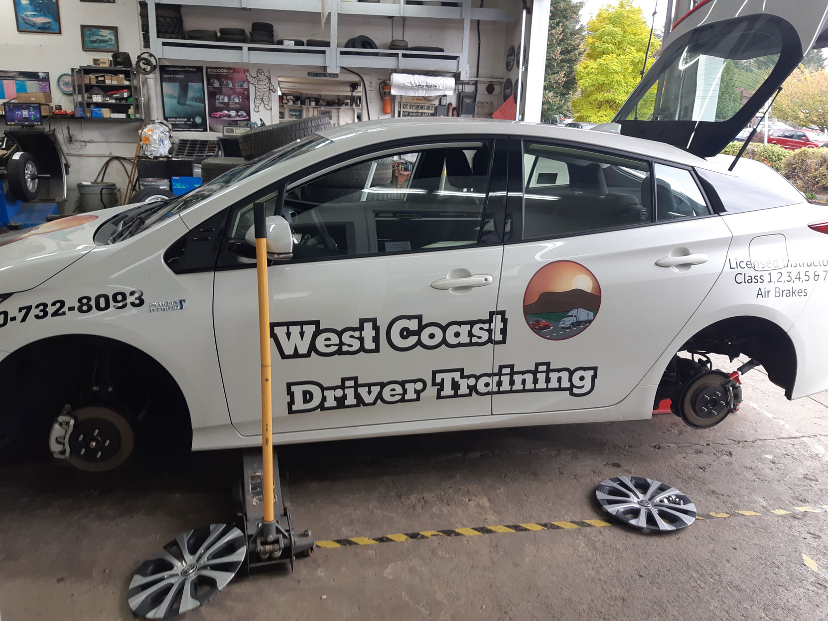 Our 2020 Prius Prime having a new set of Michelin winter tires put on at Joe's Tire Hospital in Duncan, October 2020 (photo: West Coast Driver Training)