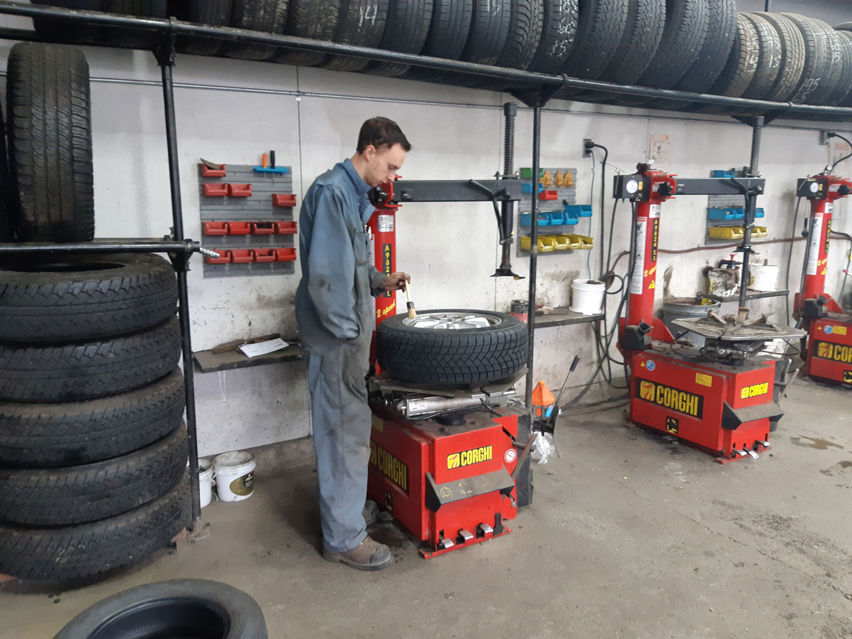 A new set of Michelin winter tires being installed on the rims of our 2020 Prius Prime at Joe's Tire Hospital in Duncan, October 2020 (photo: West Coast Driver Training)