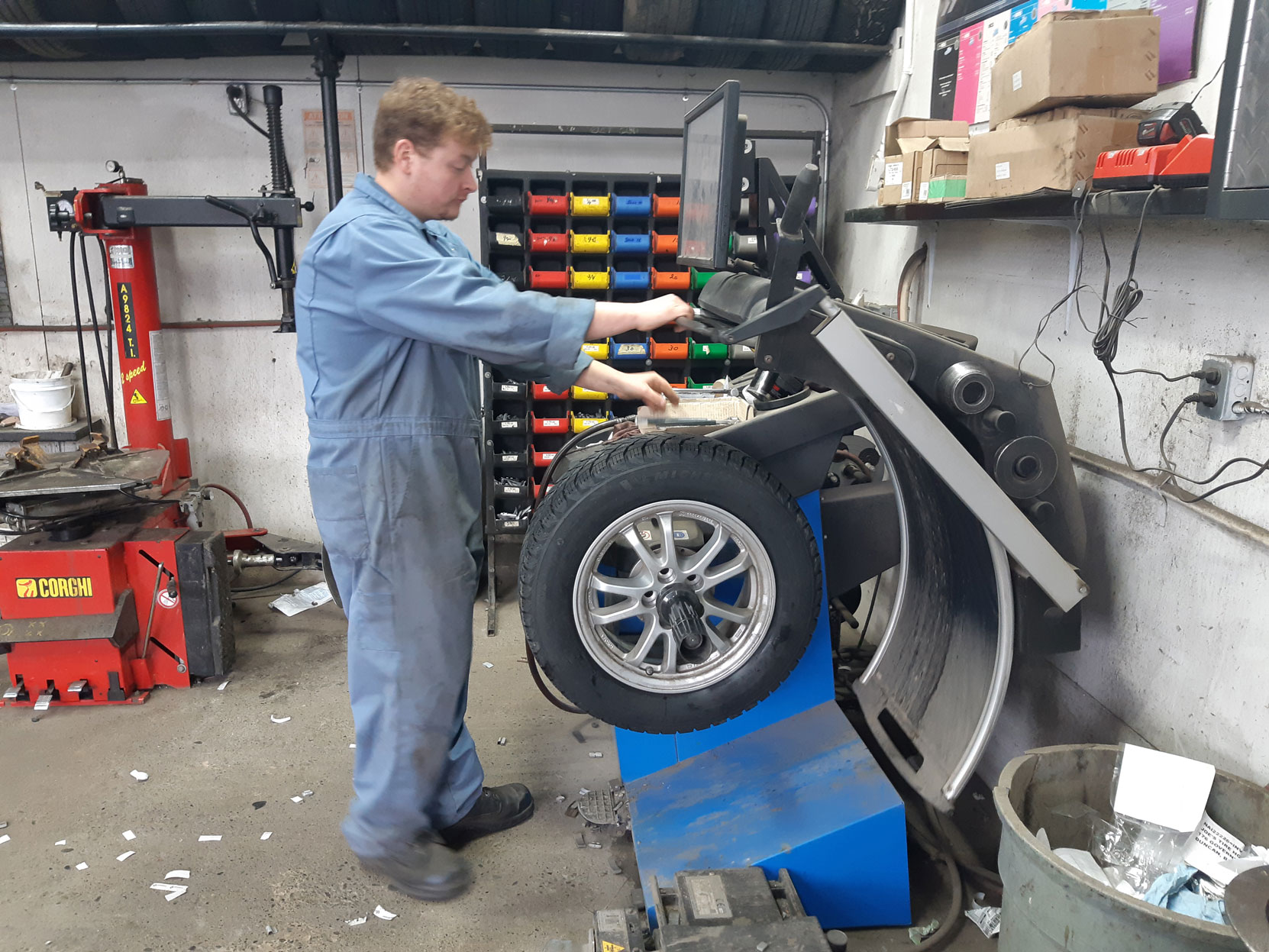 A new set of Michelin winter tires being installed on the rims of our 2020 Prius Prime at Joe's Tire Hospital in Duncan, October 2020 (photo: West Coast Driver Training)