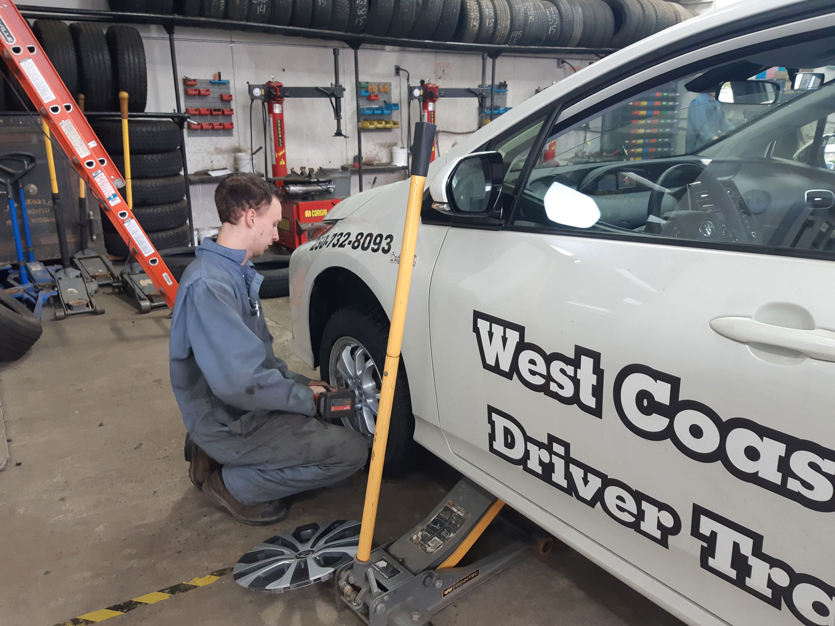 Our 2020 Prius Prime having a new set of Michelin winter tires put on at Joe's Tire Hospital in Duncan, October 2020 (photo: West Coast Driver Training)