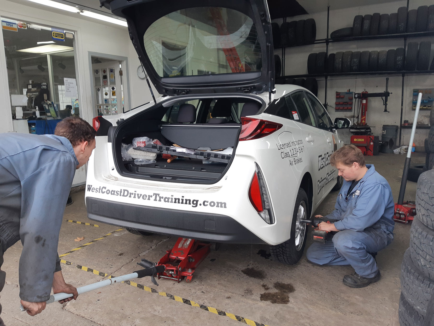 Our 2020 Prius Prime having a new set of Michelin winter tires put on at Joe's Tire Hospital in Duncan, October 2020 (photo: West Coast Driver Training)