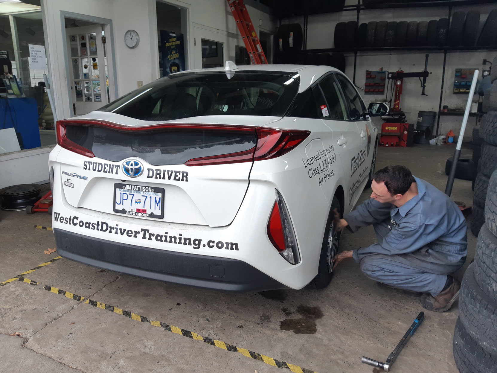 Our 2020 Prius Prime having a new set of Michelin winter tires put on at Joe's Tire Hospital in Duncan, October 2020 (photo: West Coast Driver Training)