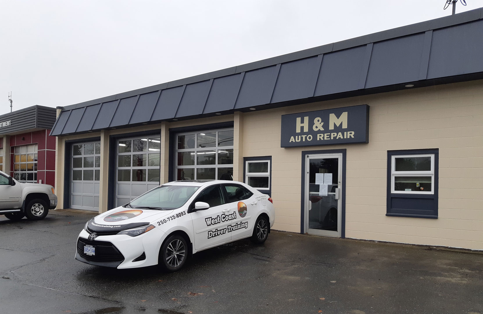 Our 2018 Toyota Corolla outside H & M Auto Repair, Duncan Street in downtown Duncan. (photo: West Coast Driver Training)