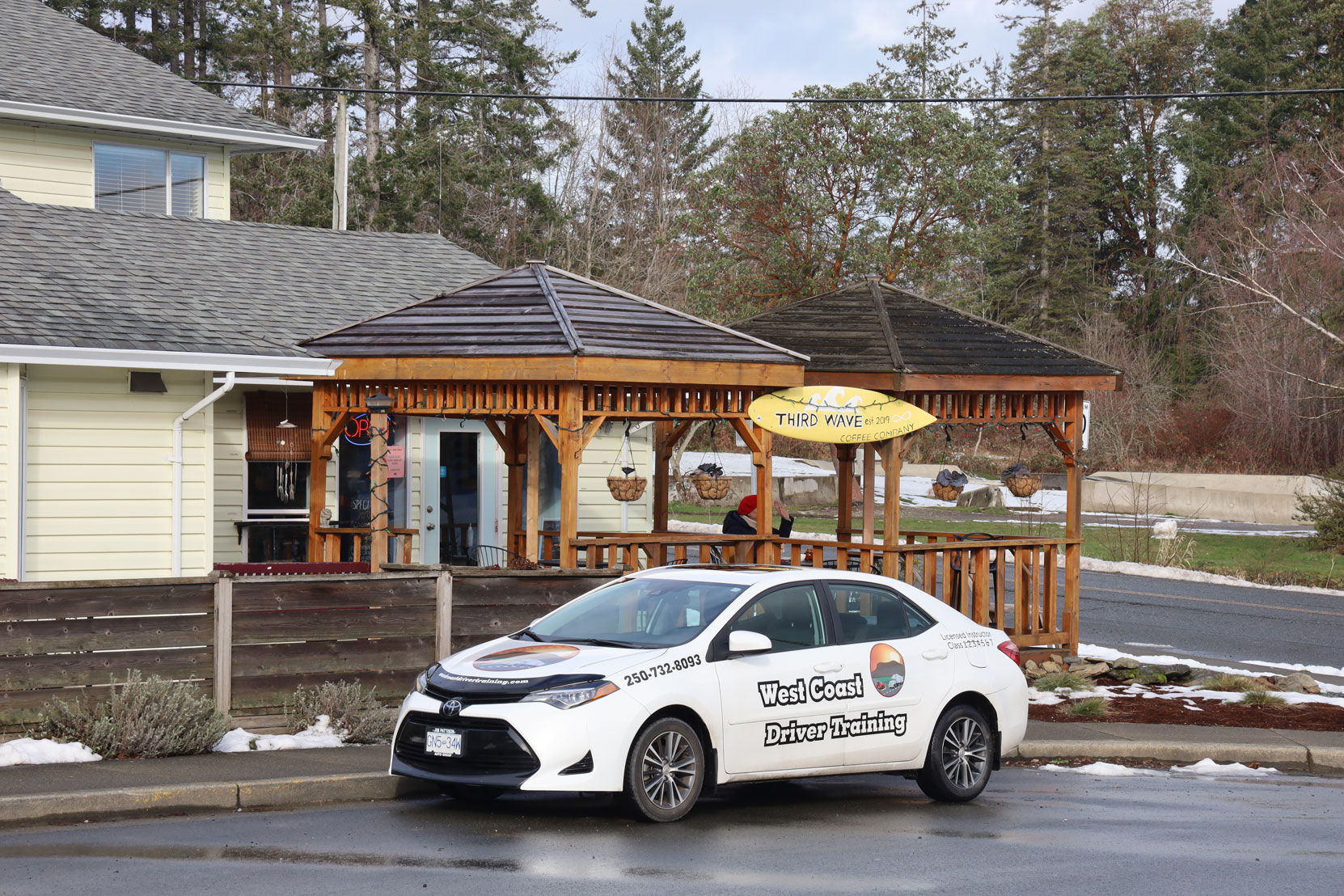 Our 2018 Toyota Corolla in fron of the Third Wave Coffee Company near the Crofton ferry (photo: West Coast Driver Training)