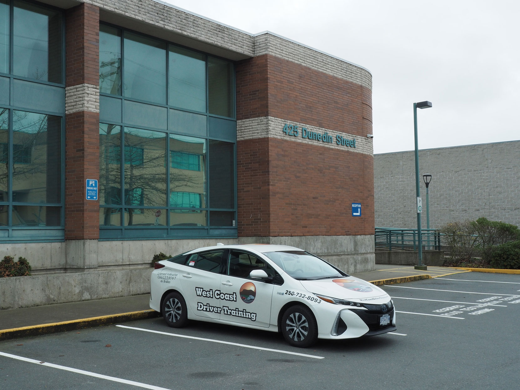 Our 2020 Toyota Prius Prime at the ICBC Driver Licensing office, 426 Dunedin Street, Victoria, BC (photo: West Coast Driver Training)