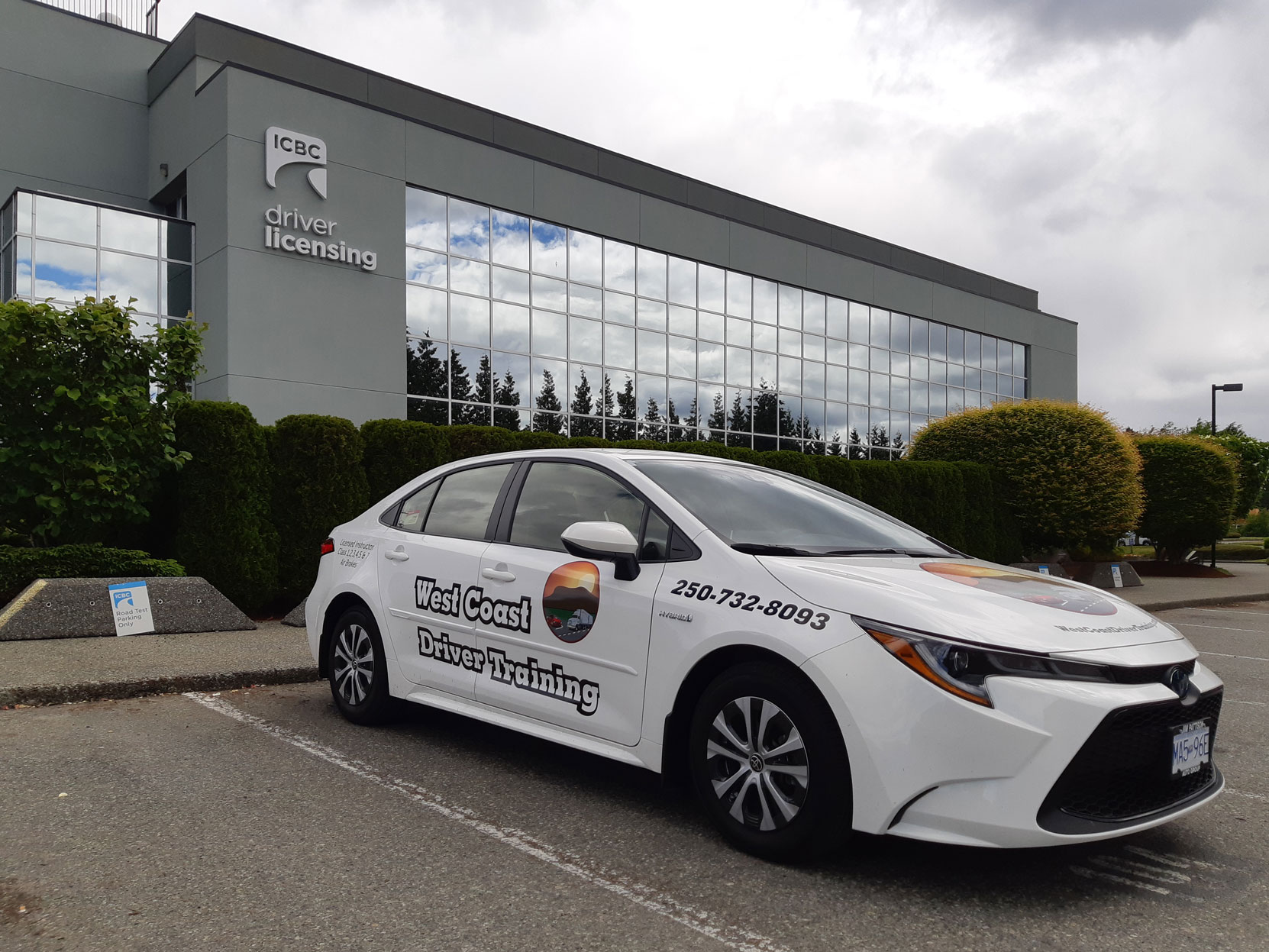 Our 2021 Toyota Corolla Hybrid at the ICBC Driver Lincensing office, Nanaimo, BC (photo: West Coast Driver Training)