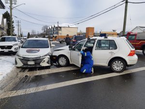 The aftermath of our 2020 Prius Prime being hit by the white VW (right) (photo: West Coast Driver Training)