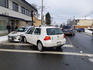 The aftermath of our 2020 Prius Prime being hit by the white VW (right). The blue SUV on the yellow center line was the first vehicle the white VW hit in this collision. (photo: West Coast Driver Training)