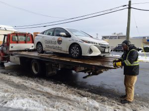 Our 2020 Prius Prime being towed after being hit by the white VW on 29 December 2021. (photo: West Coast Driver Training)