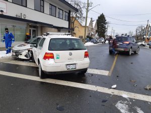 The aftermath of our 2020 Prius Prime being hit by the white VW (right). The blue SUV on the yellow center line was the first vehicle the white VW hit in this collision. (photo: West Coast Driver Training)