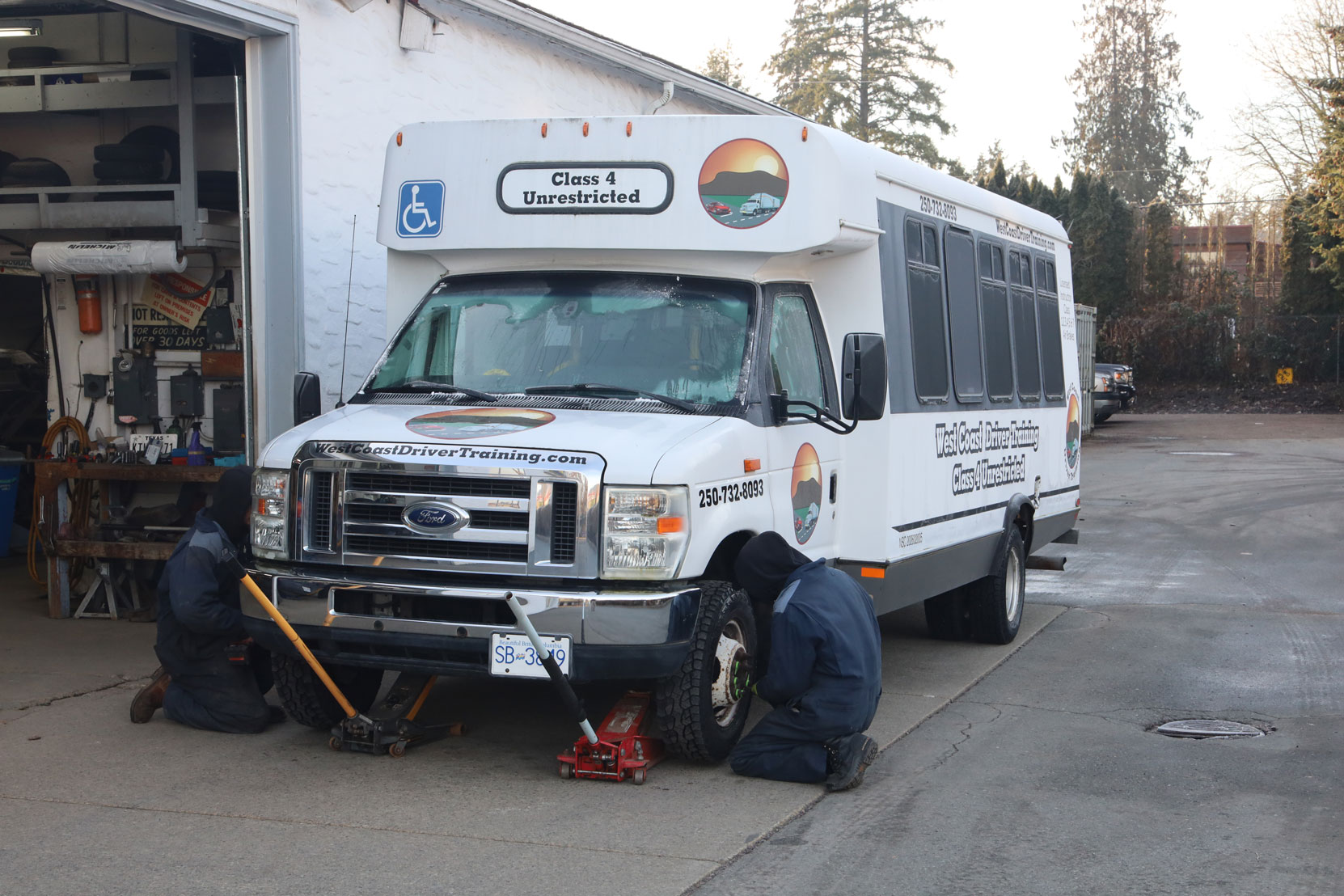Preparation for installing new B.F. Goodrich tires on the steering axle of our Ford E450 bus at Joe's Tire Hospital, February 2023 [photo: West Coast Driver Training]
